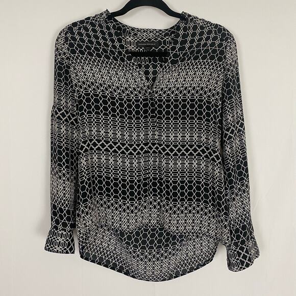 Banana Republic Petite XS Black White Geometric Blouse Long Sleeve Lightweight - Picture 1 of 9
